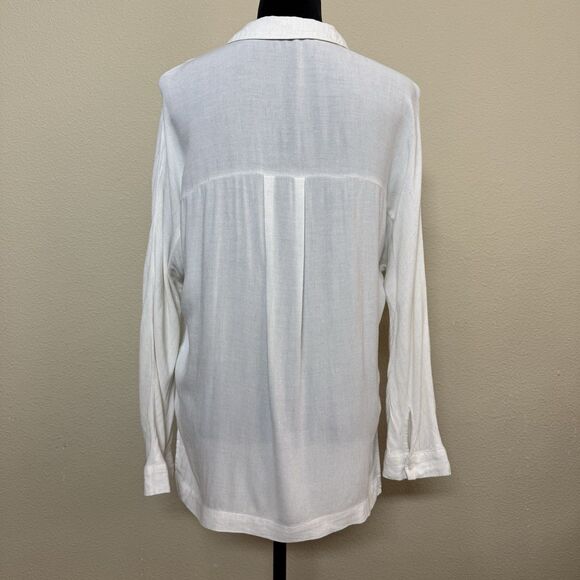 Carly Jean Top women small linen blend button down long sleeve collared white - Picture 2 of 10